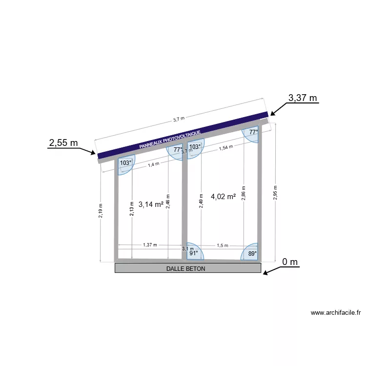 FACE EST 63&deg;. Plan de 2  et 7 m²