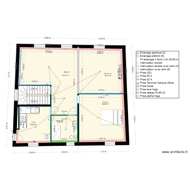 BOIS Electricité. Plan de 5 pièces et 80 m2