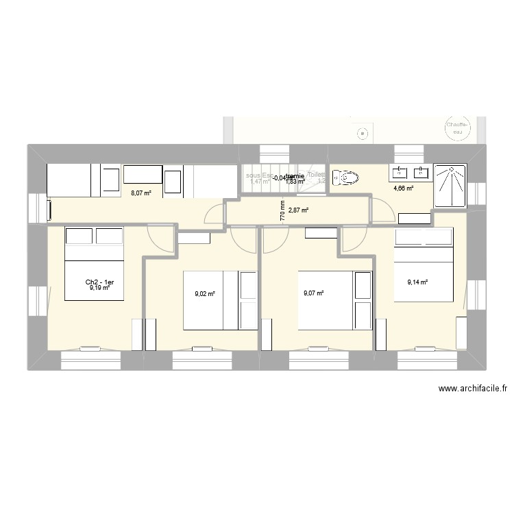 secondaire 5 chambres - inverse. Plan de 16 pièces et 122 m2