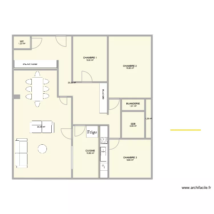 Plan 4ch-2sdb cuisine ferm&eacute;e. Plan de 10  et 111 m²