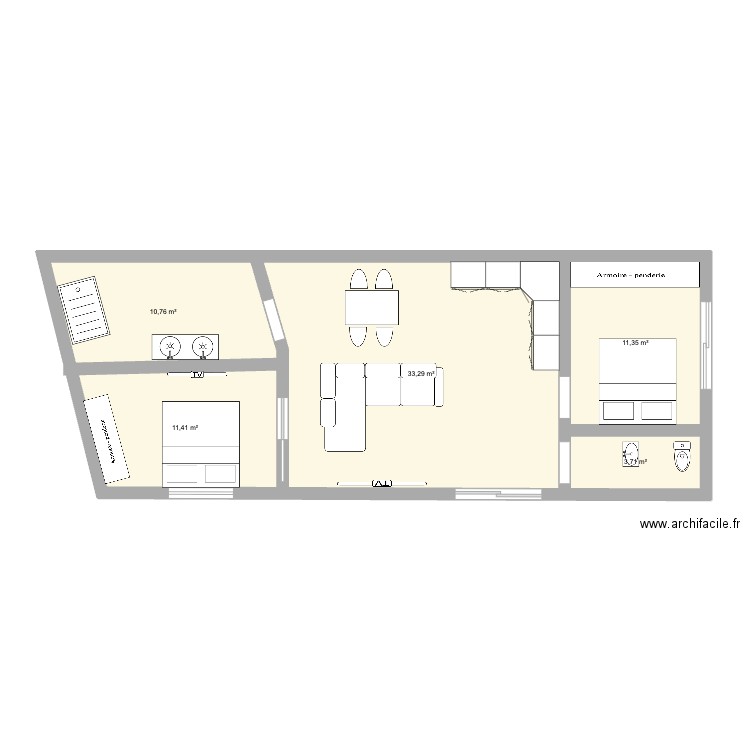 appat en bas en plan. Plan de 5 pièces et 71 m2