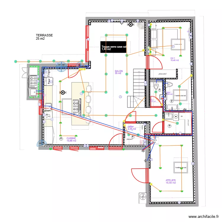 maison avec extension. Plan de 2  et 0 m²