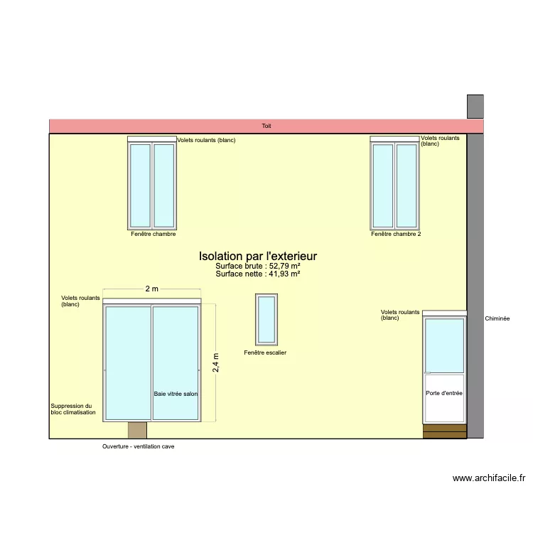Maison - Fa&ccedil;ade sud apr&egrave;s isolation. Plan de 
