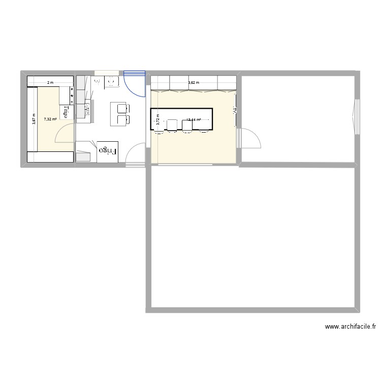 Cuisine. Plan de 2 pièces et 21 m2