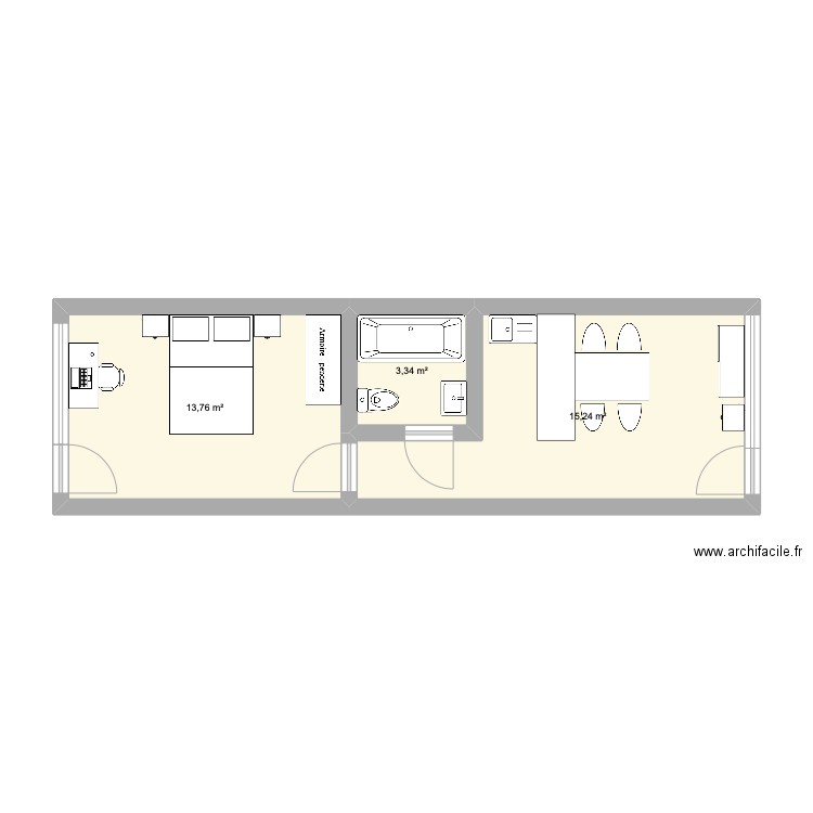 Studio. Plan de 3 pièces et 32 m2