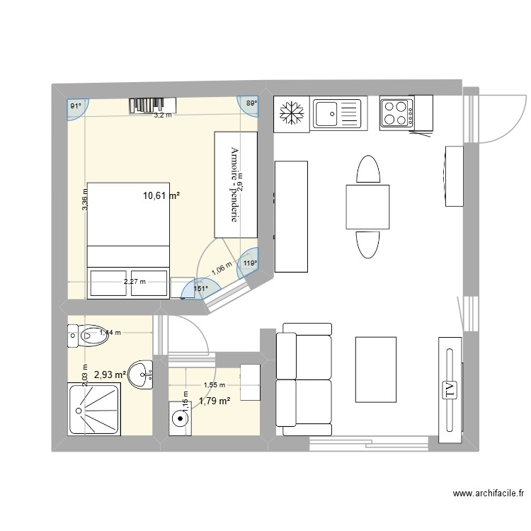 maman. Plan de 3 pièces et 15 m2