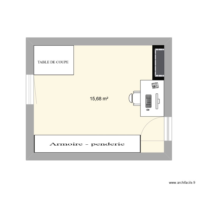 Atelier couture. Plan de 1 pièce et 16 m2