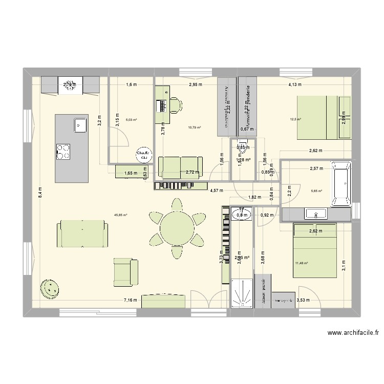 Plan 1 division nord/sud. Plan de 8 pièces et 96 m2
