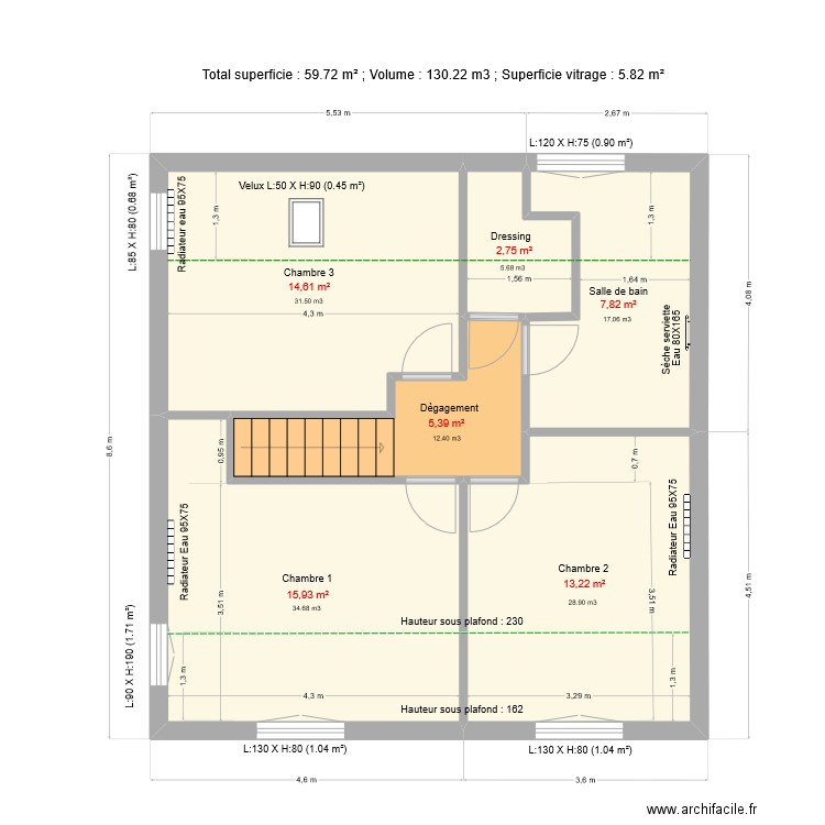 Etage. Plan de 6 pièces et 60 m2