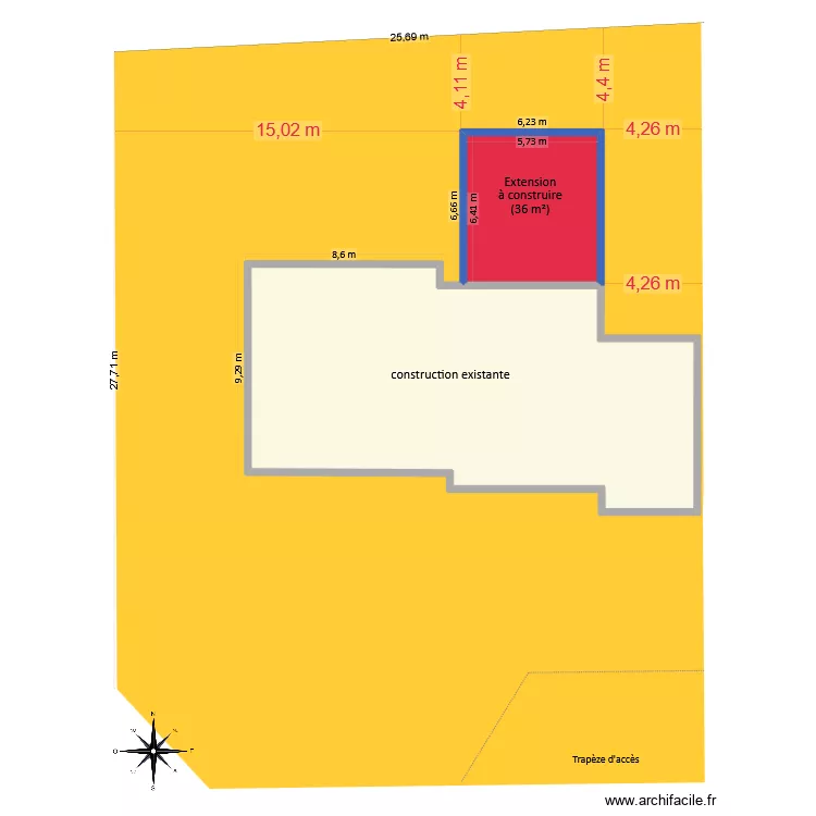 PlanDeMasseAvecExtensionEtAcces. Plan de 2  et 198 m²