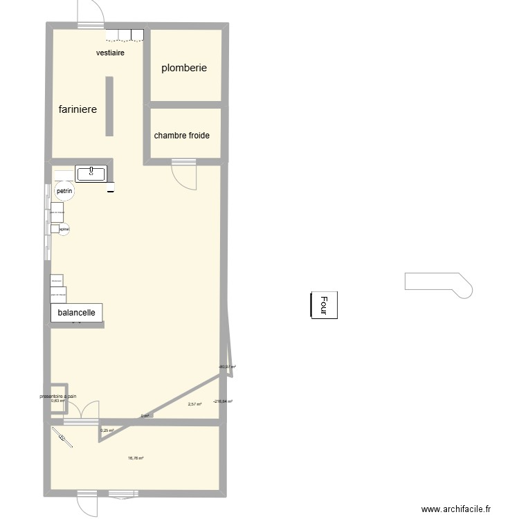boulangerie. Plan de 8 pièces et 35 m2