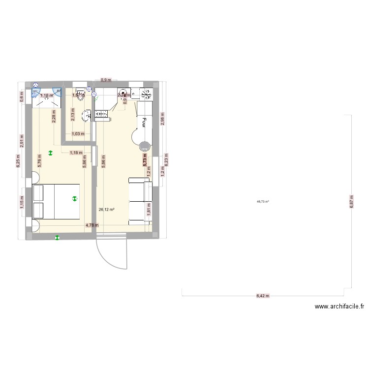 projet octobre 2025. Plan de 1 pièce et 26 m2