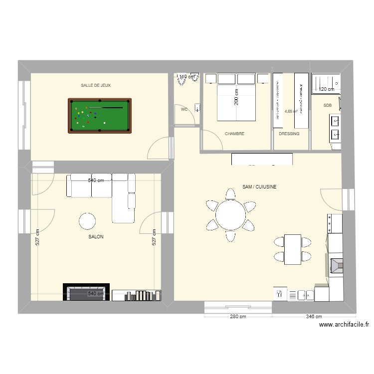 104 B aménagé 1. Plan de 3 pièces et 113 m2