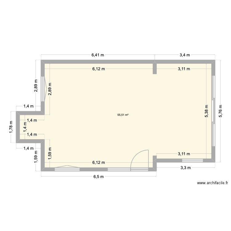 Grondplan gelijkvloers. Plan de 1 pièce et 56 m2