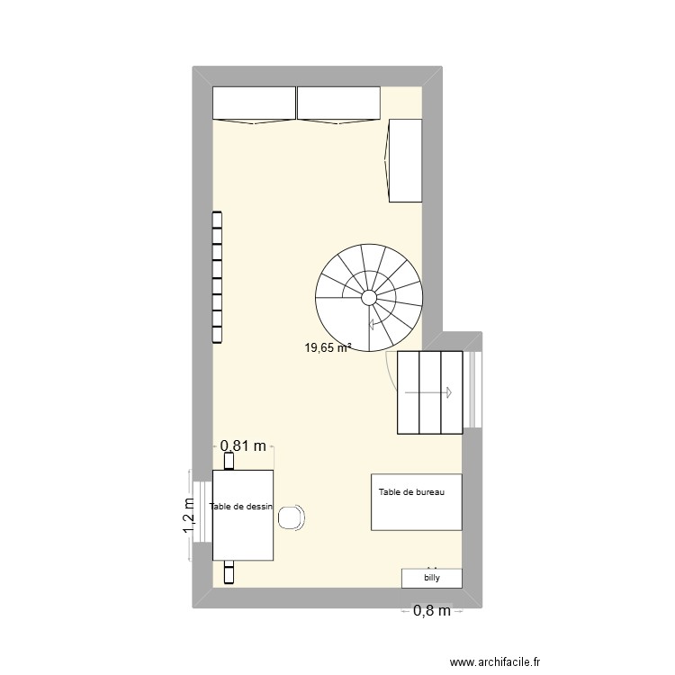 colimaçon. Plan de 1 pièce et 20 m2