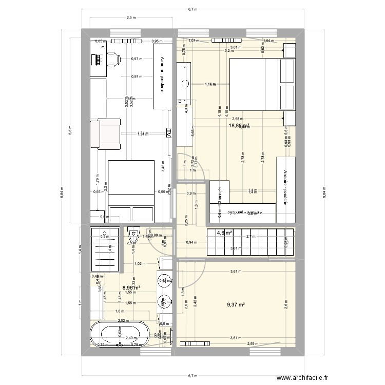 Etage Projeté Laly. Plan de 4 pièces et 42 m2
