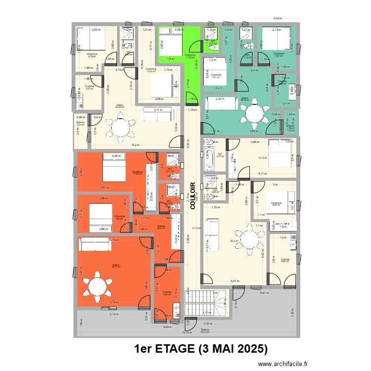 1ER ETAGE 3 MAI 2025. Plan de 29 pièces et 299 m2