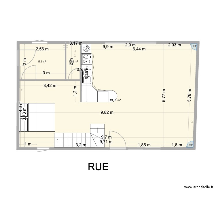 Parois intérieure. Plan de 3 pièces et 56 m2