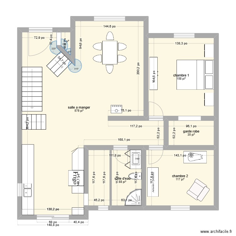 aménagement_rdc_existant_meuble. Plan de 6 pièces et 91 m2