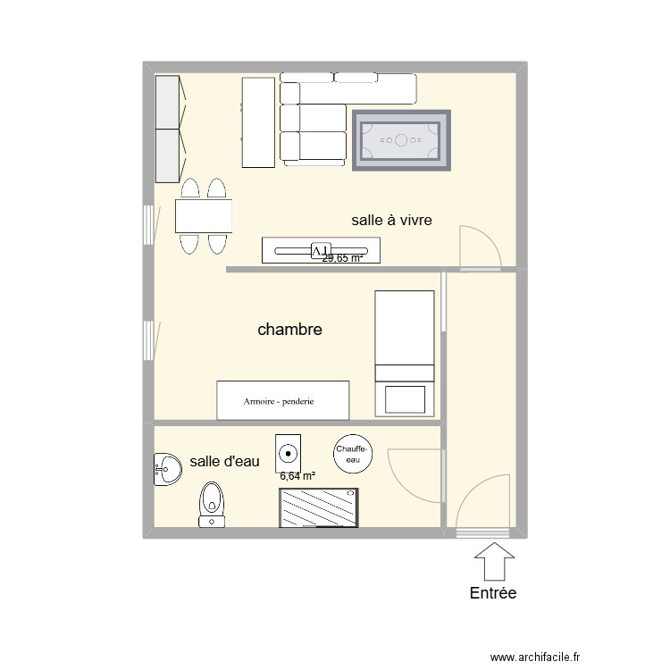 101 bellevue. Plan de 2 pièces et 36 m2
