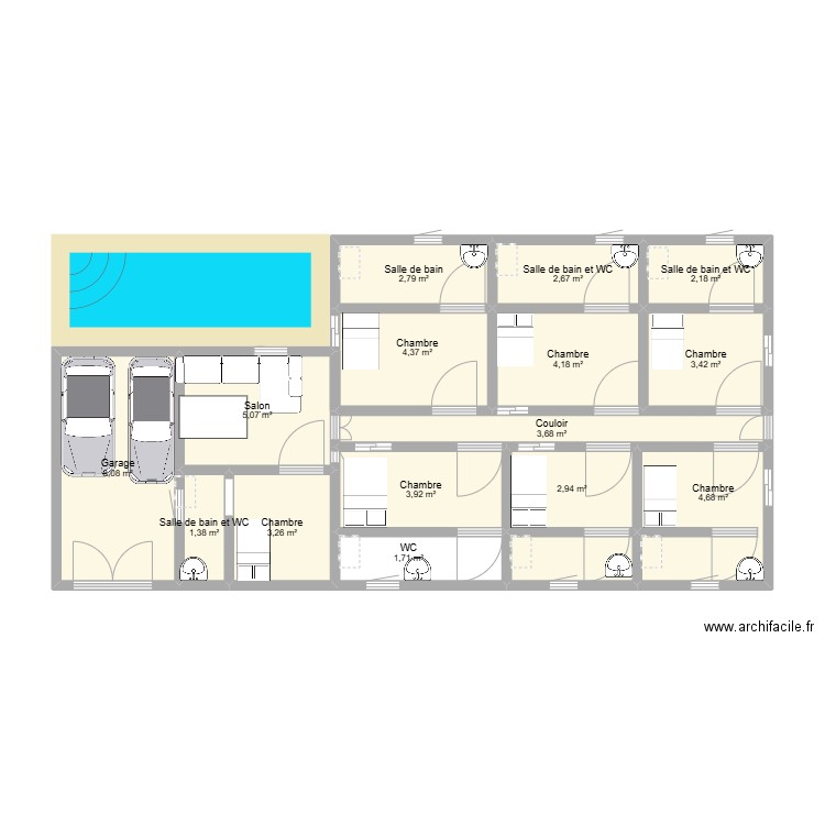 sggc. Plan de 15 pièces et 54 m2
