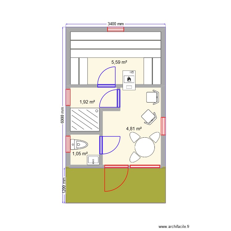 Баня 3 4 v2. Plan de 5 pièces et 17 m2