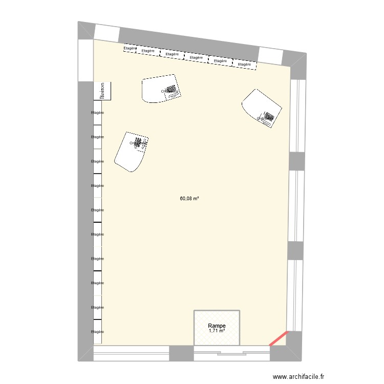 magasin vide. Plan de 2 pièces et 64 m2