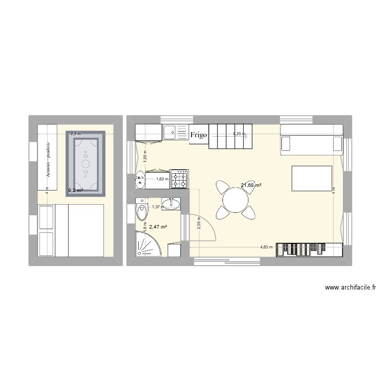 25m2 essai 2. Plan de 3 pièces et 33 m2