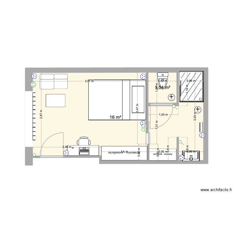 Chambre 1. Plan de 2 pièces et 17 m2