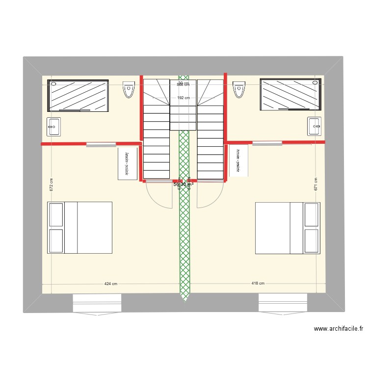 Plan étage avec un escalier central bifurqué sans garage. Plan de 1 pièce et 56 m2