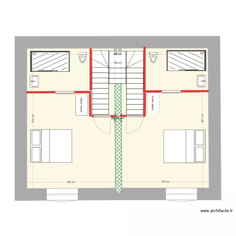 Plan &eacute;tage avec un escalier central bifurqu&eacute; sans garage. Plan de 