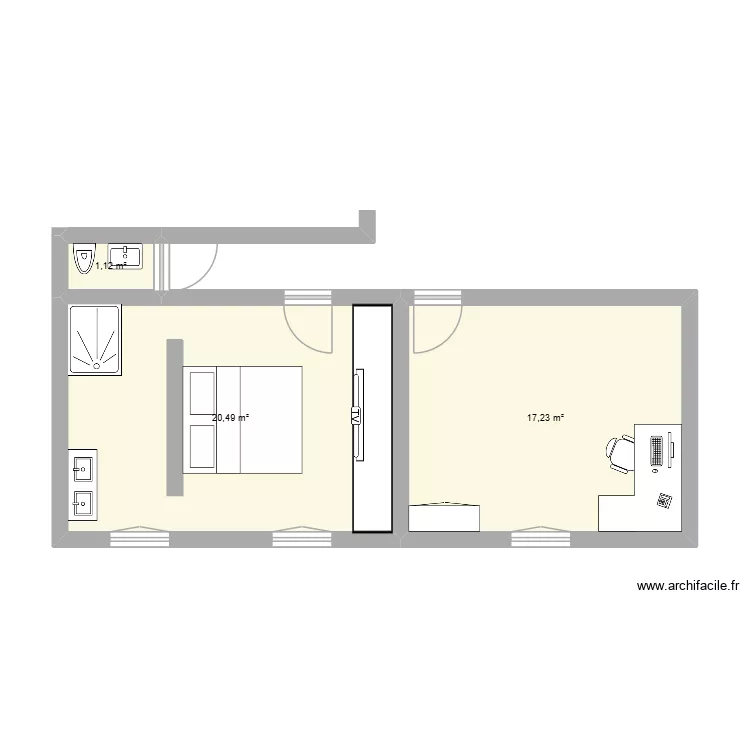 chambre plus bureau. Plan de 3  et 39 m²