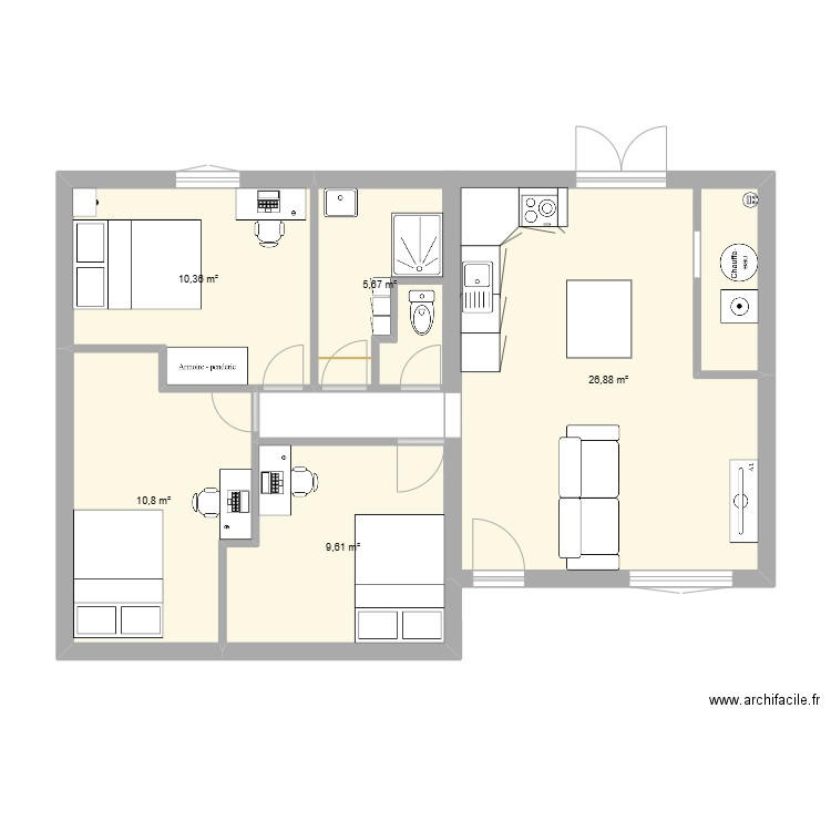 Appart avec ilot. Plan de 5 pièces et 63 m2