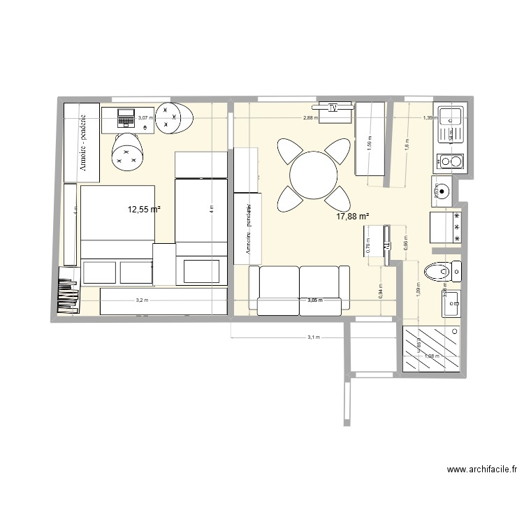 carville 5. Plan de 2 pièces et 30 m2