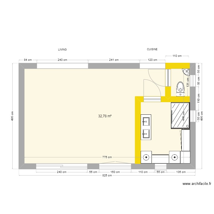 Projet Baton V3. Plan de 1 pièce et 33 m2