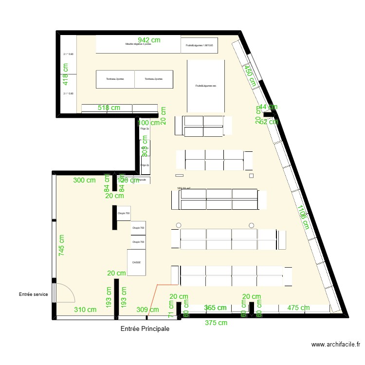 Bagatelle Implantation Famille Produits + 1 gondole. Plan de 1 pièce et 170 m2