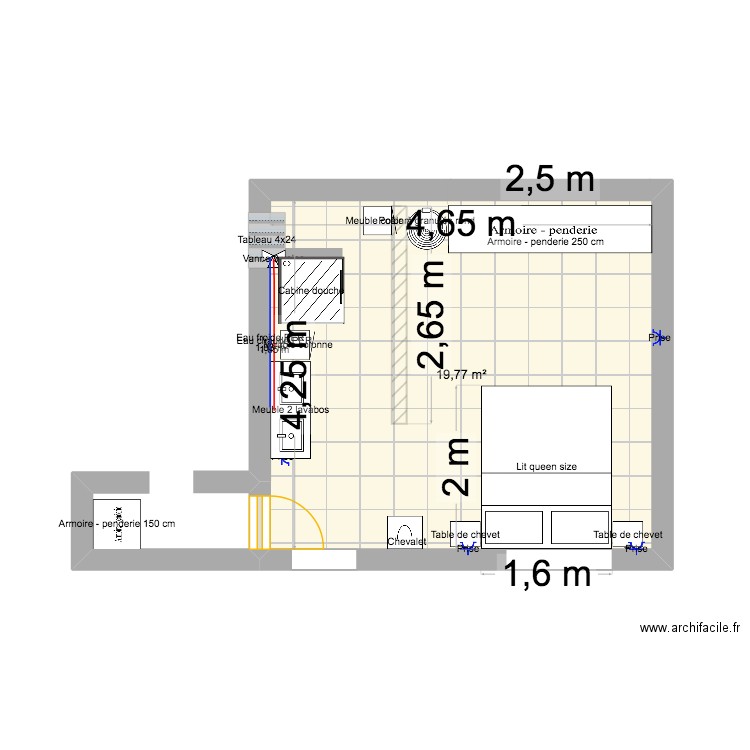 Chambre RDC. Plan de 1 pièce et 20 m2