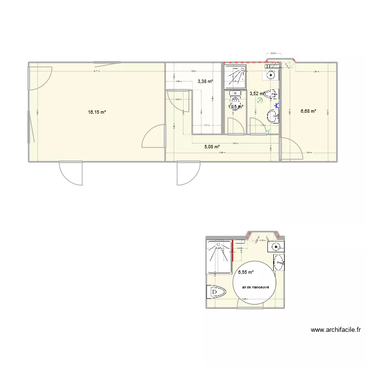 barre. Plan de 7  et 43 m²