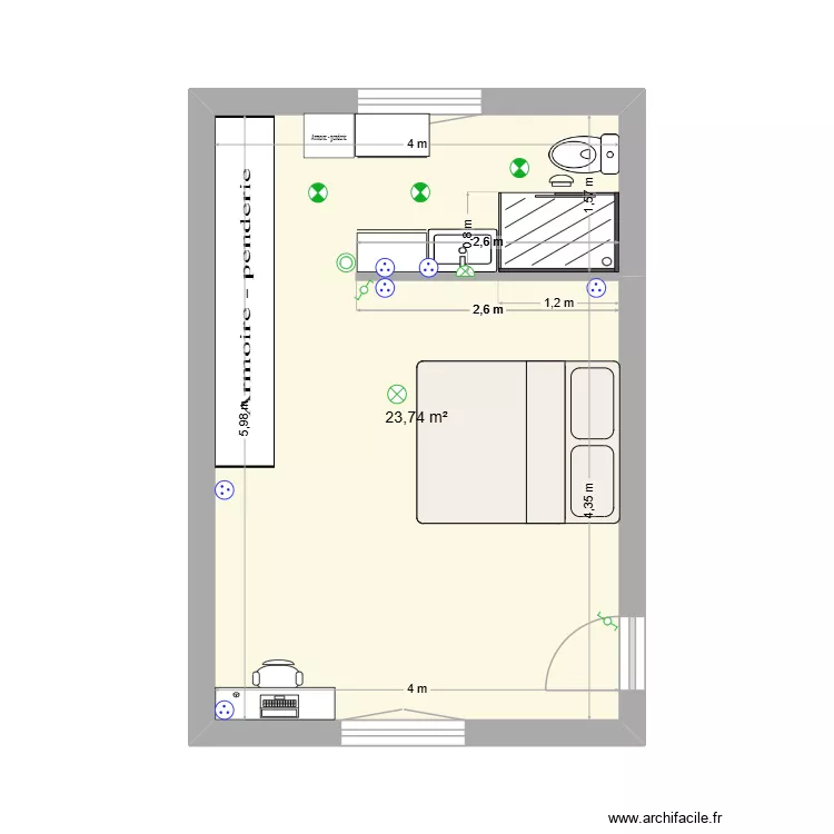 Chambre salle de bain. Plan de 1 Pièce et 24 m² Chambre salle de bain. Plan de 1 Pièce et 24 m²