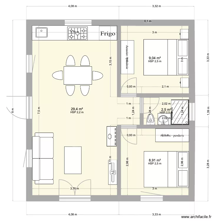 Pallier plan B\'\' avec meubles. Plan de 4 pièces et 50 m² Pallier plan B\'\' avec meubles. Plan de 4 pièces et 50 m²