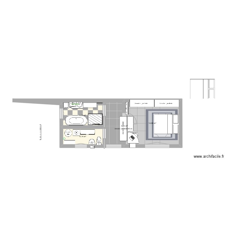 chalet salle de bain et chambre. Plan de 4 pièces et 28 m2