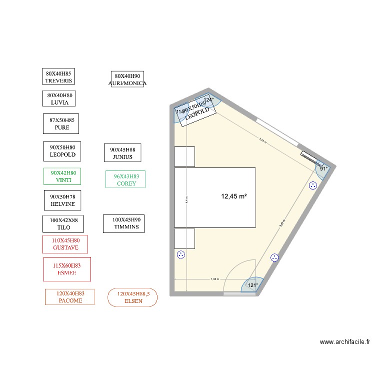 chambre 2. Plan de 1 pièce et 12 m2