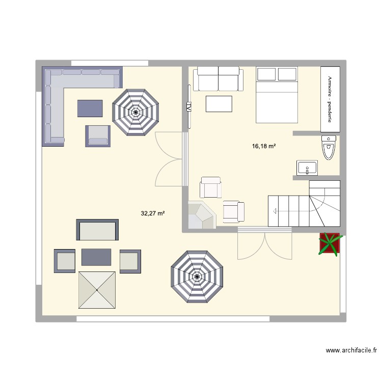 Étage 1. Plan de 2 pièces et 48 m2