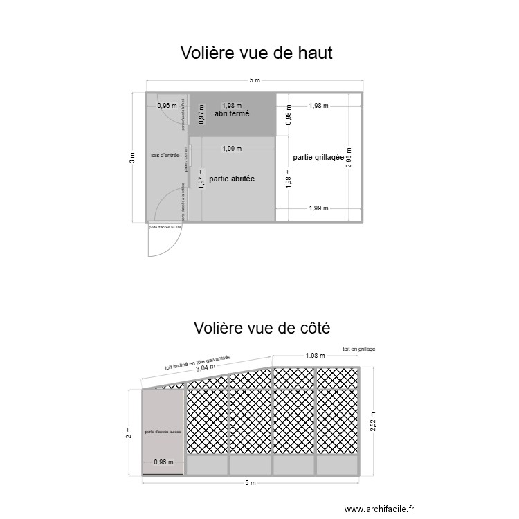 plan volière 5m par 3m. Plan de 17 pièces et 26 m2