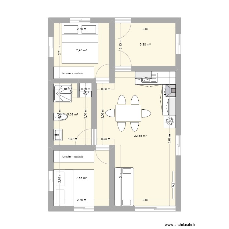 maison 2 chambres. Plan de 5 pièces et 50 m2