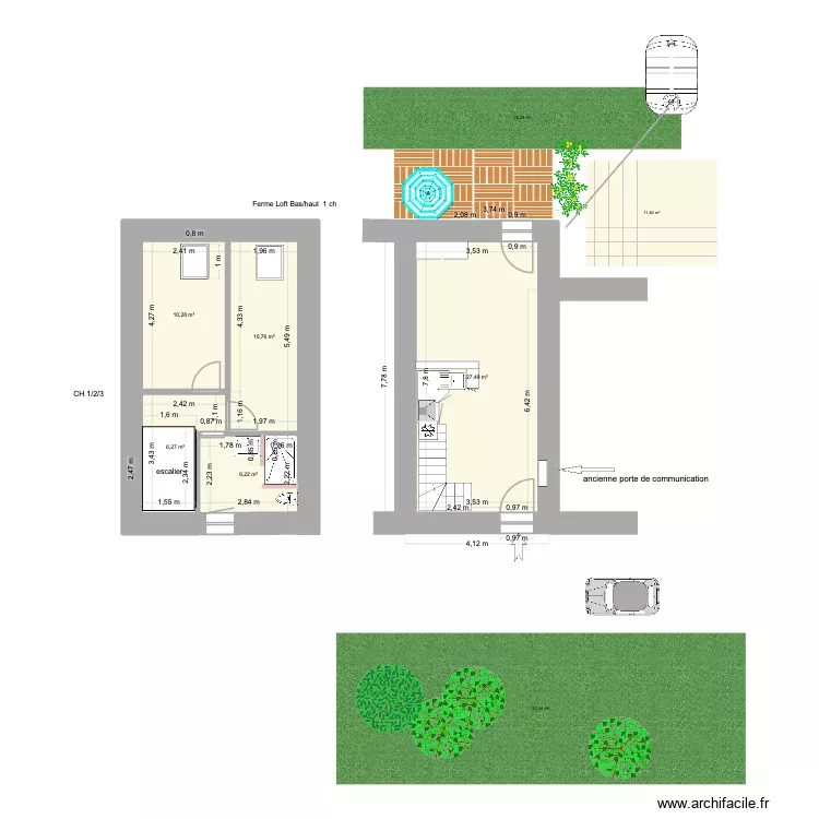 Loft plan masse bas et haut 17/01/26. Plan de 5 pièces et 61 m²