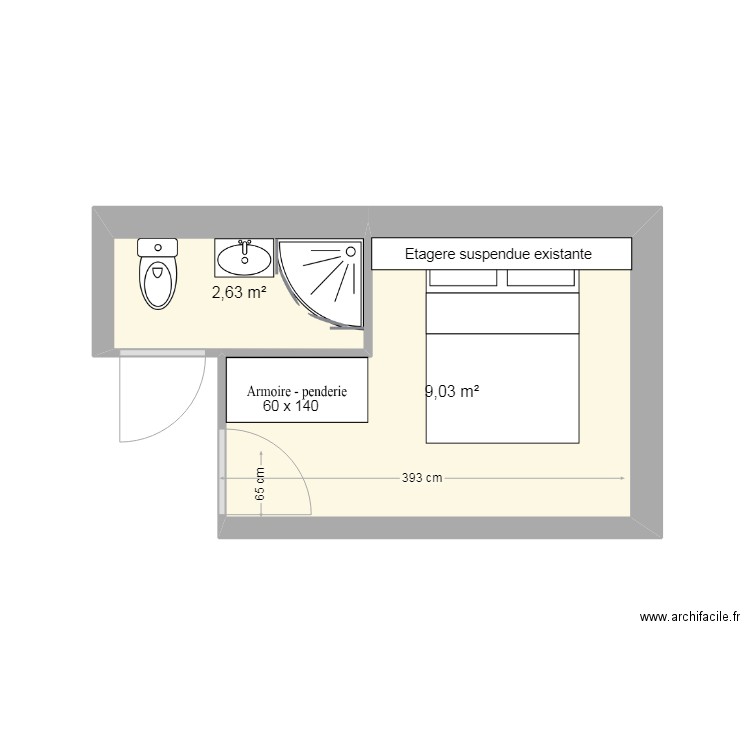 Salle de bains et Chambre Aménagement 4. Plan de 2 pièces et 12 m2