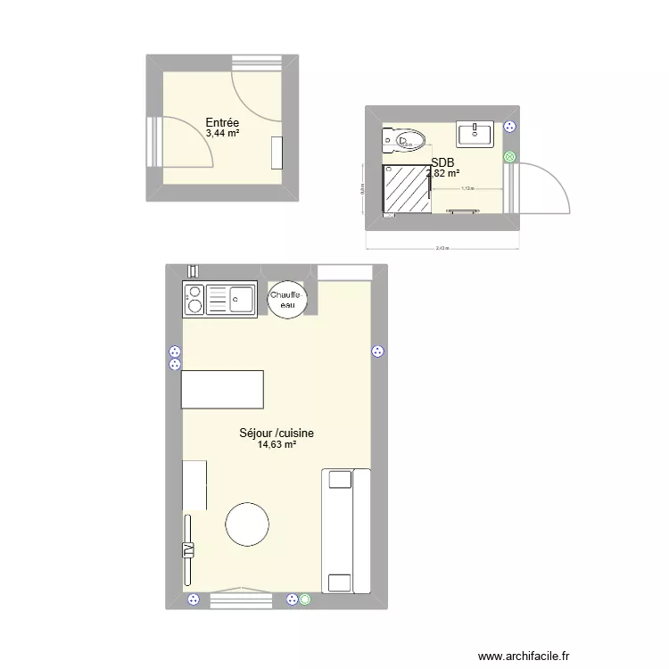Entr&eacute;e. Plan de 3  et 21 m²