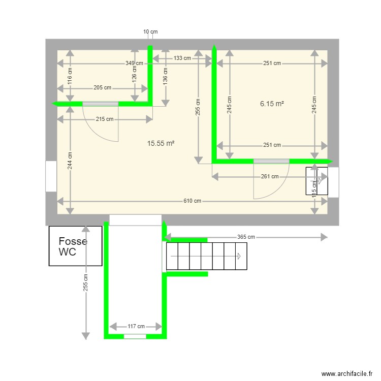 arriere-cuisine. Plan de 2 pièces et 22 m2