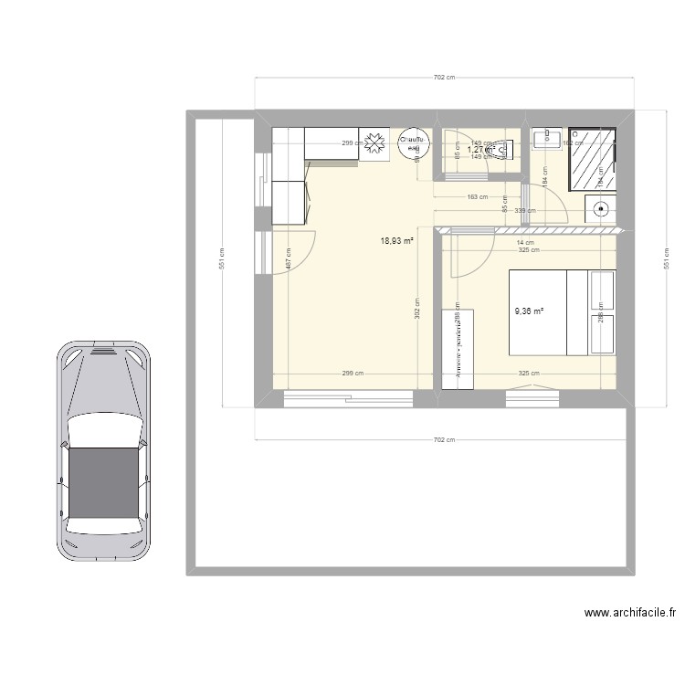 Studio. Plan de 3 pièces et 30 m2